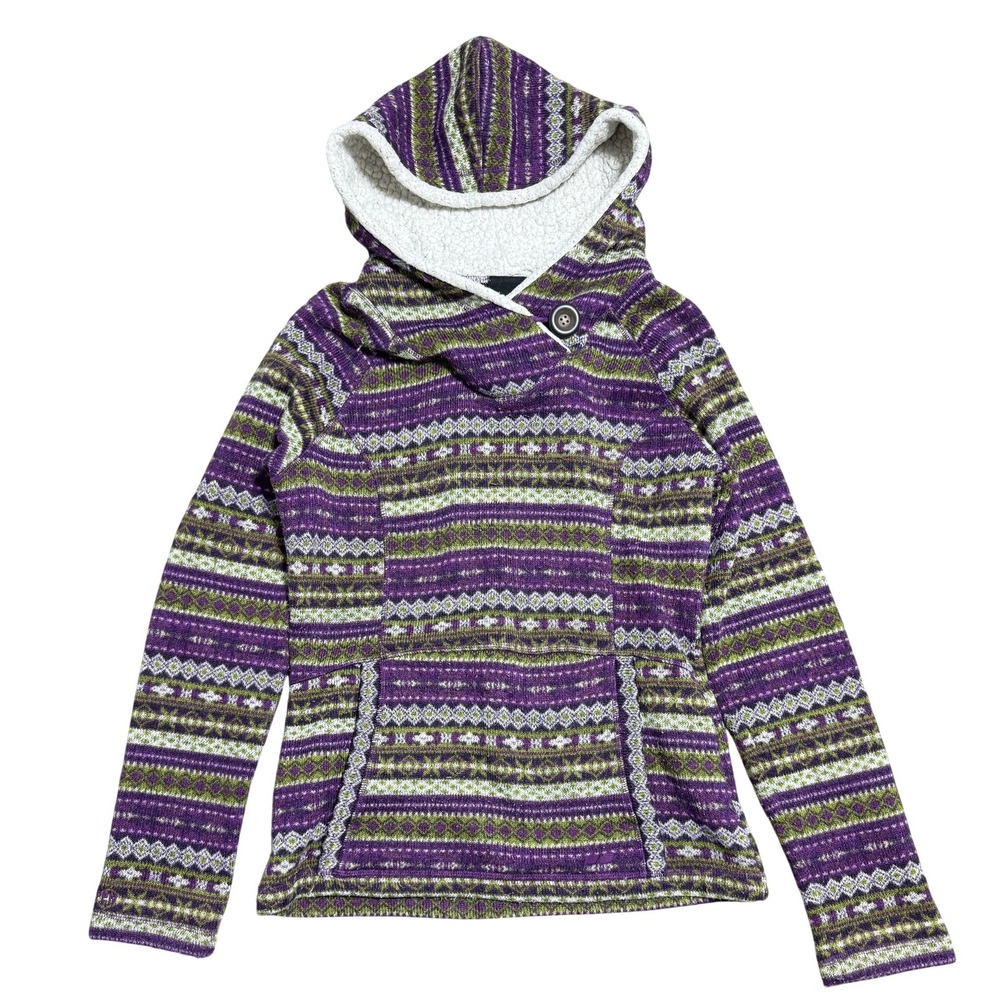 Koppen Hoodie Womens Medium Purple Green Fair Isle Fleece Lined Pullover Sweater